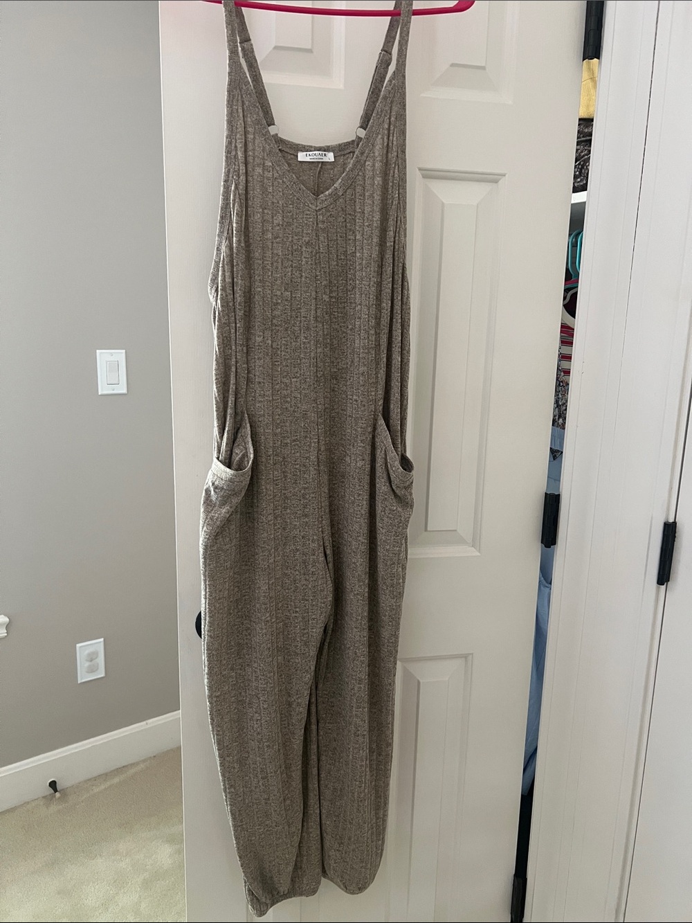 Cozy Taupe Ribbed Jumpsuit with Pockets